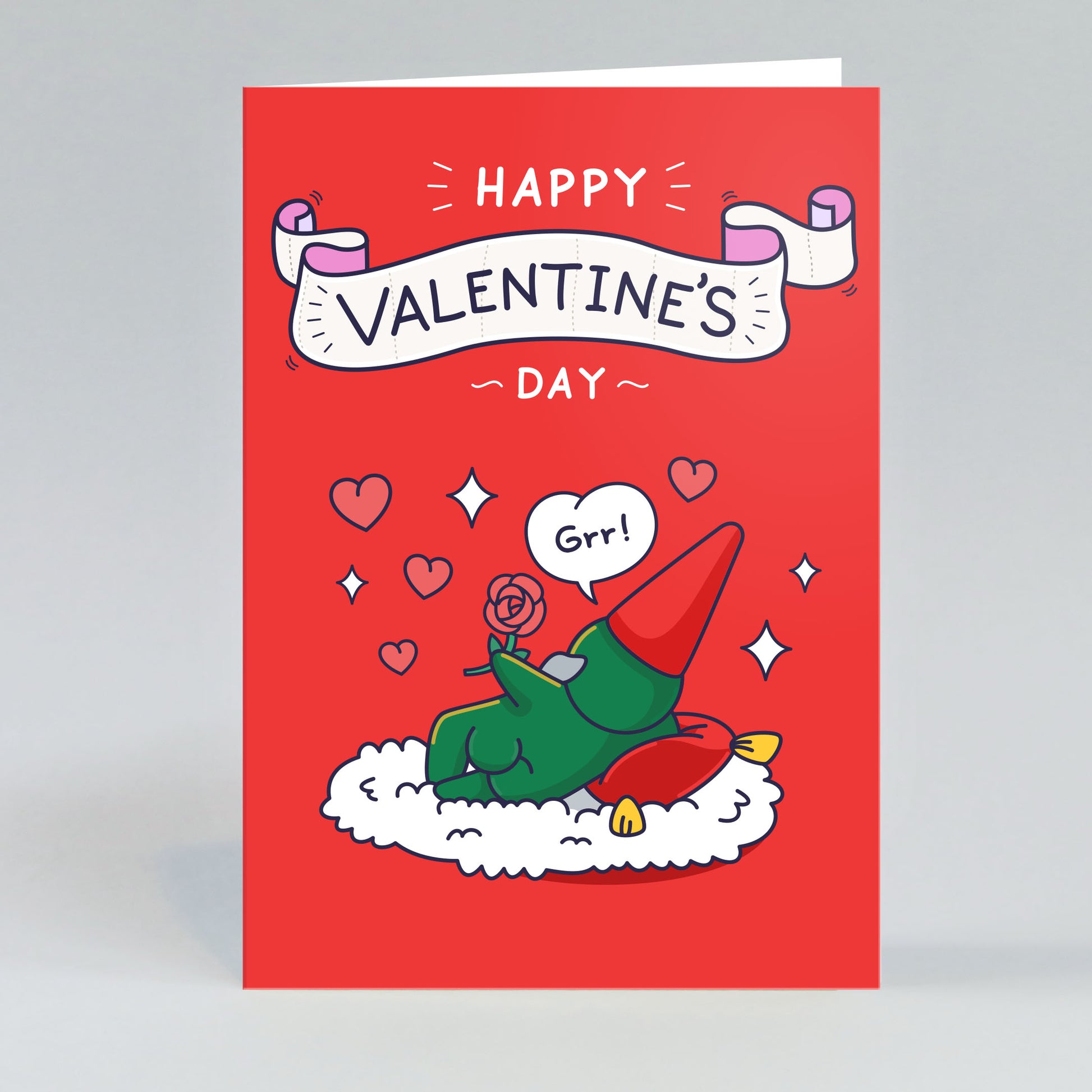 Valentine's Day card with a cartoon gnome holding a rose, laying on a rug in a sexy pose and 'Happy Valentine's Day, Grr' text.