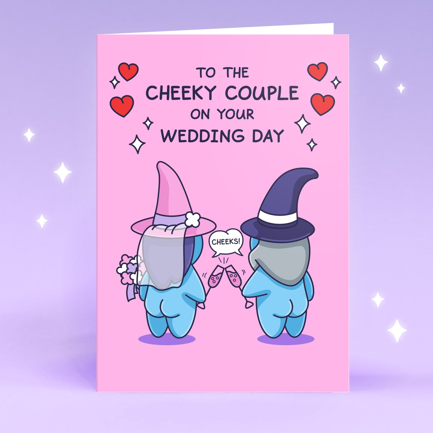 A newly wedded wizard and witch couple say 'Cheeks' as they clink their drinks. The caption reads 'To the Cheeky Couple on your Wedding Day', surrounded by stars and hearts.