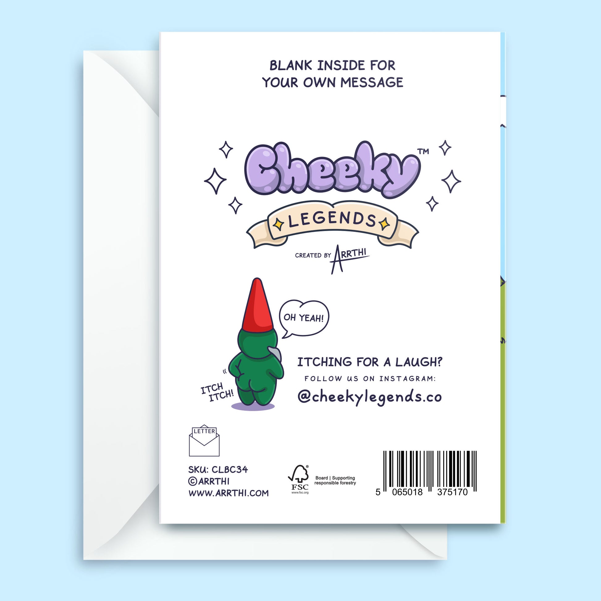 Card with cartoon character and 'Cheeky Legends' branding on a light blue background