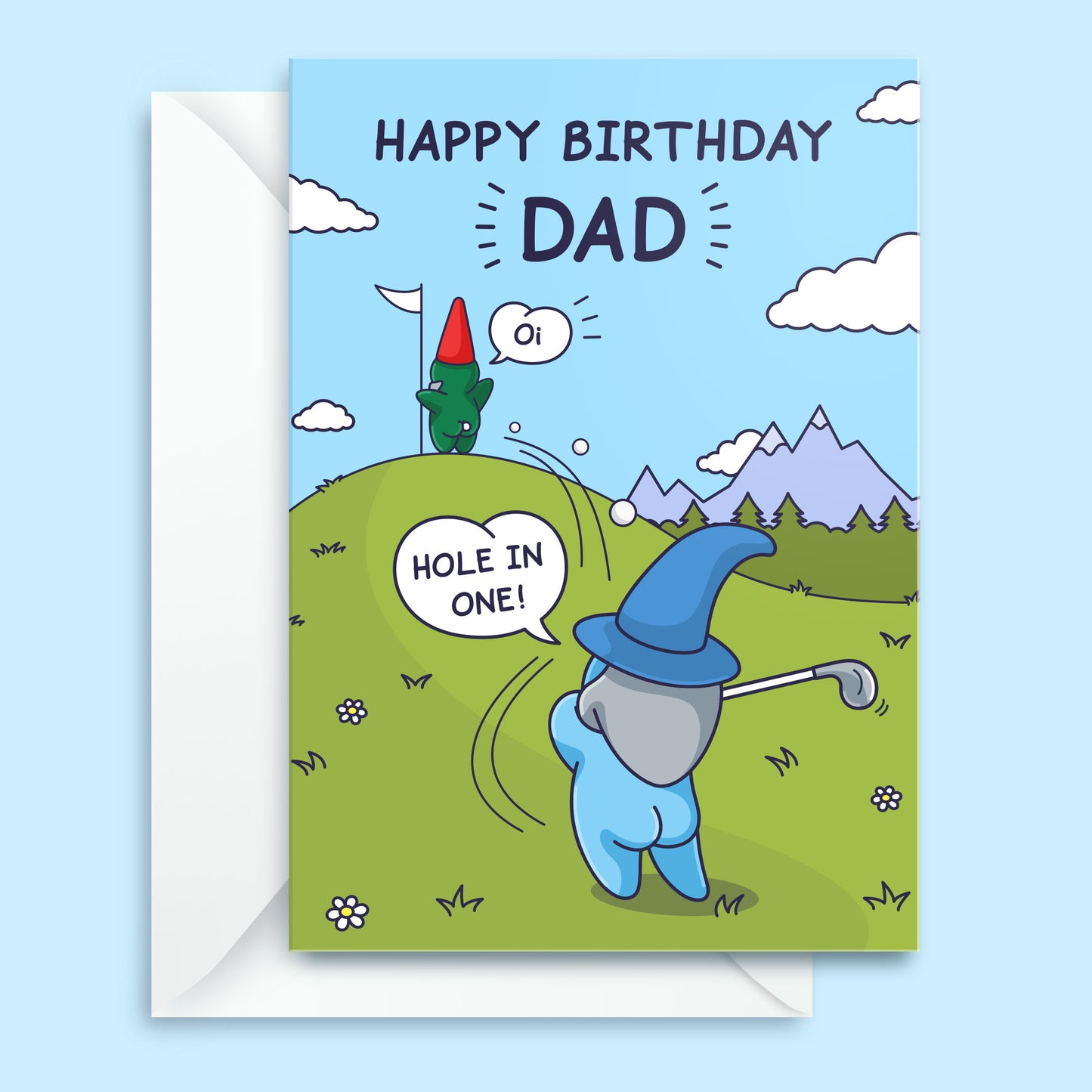 Cheeky Birthday card for dad with cartoon characters on a golf course