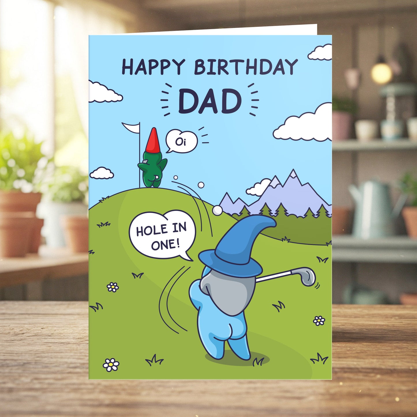Birthday card for dad with cartoon character on a golf course. Caption Reads 'Happy Birthday Dad'