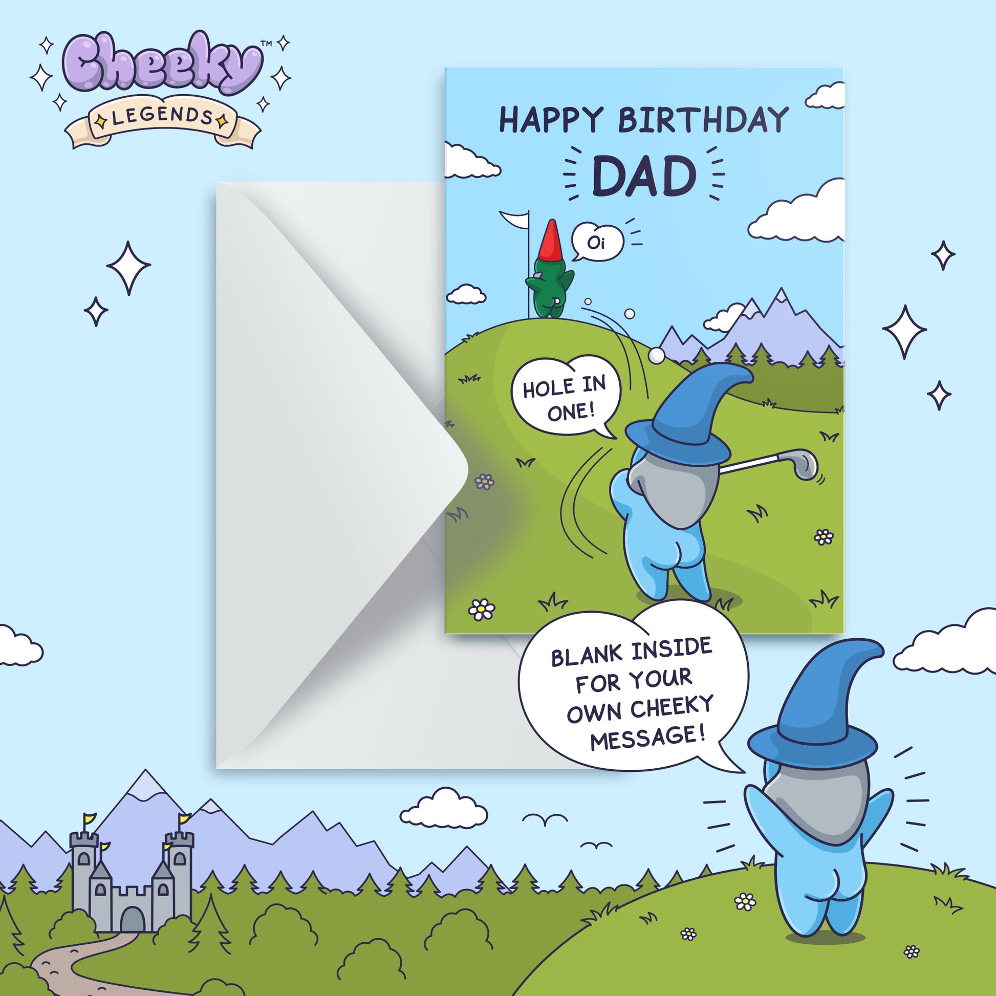 Birthday card for dad with cartoon gnomes on a blue background, featuring the 'Cheeky Legends' brand.