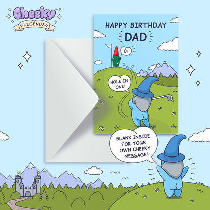 Birthday card for dad with cartoon gnomes on a blue background, featuring the 'Cheeky Legends' brand.