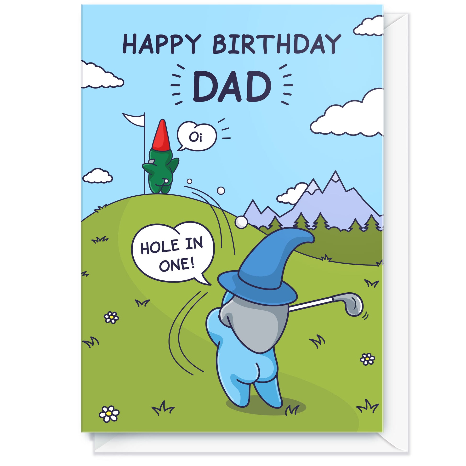 Humour Birthday card for dad with cartoon characters on a golf course