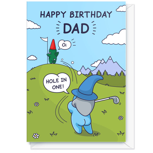 Humour Birthday card for dad with cartoon characters on a golf course