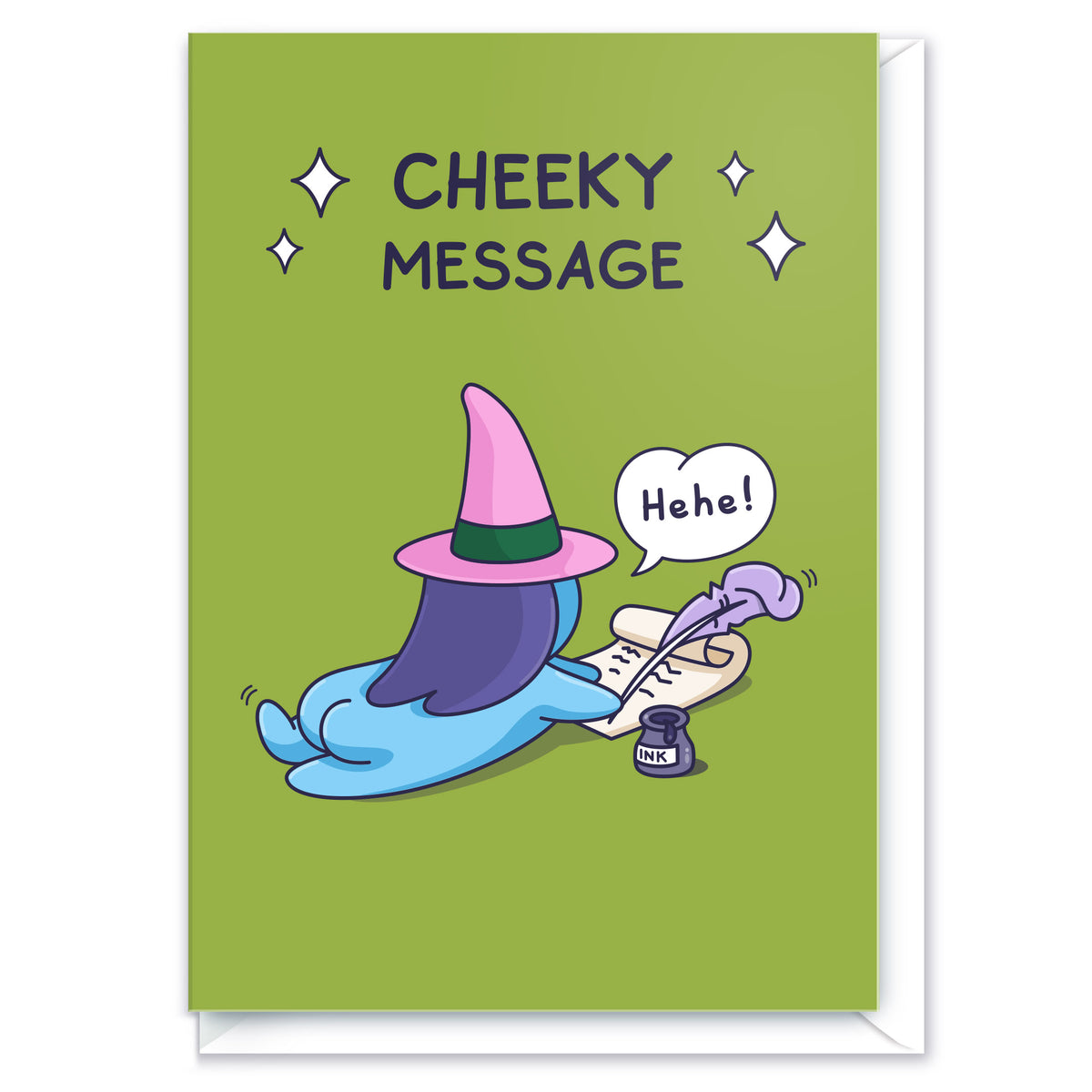 A funny card perfect for sending a cheeky message, maybe to your loved one or a special admirer. The image is on a witch writing writing a note on a scroll using a quill.