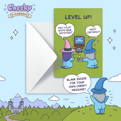 Level Up! Funny Game Card - Valentines day, Anniversary, Birthday Card - Cheeky Witch and Wizard
