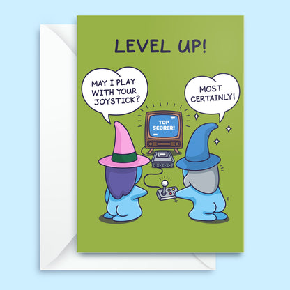 Level Up! Funny Game Card - Valentines day, Anniversary, Birthday Card - Cheeky Witch and Wizard