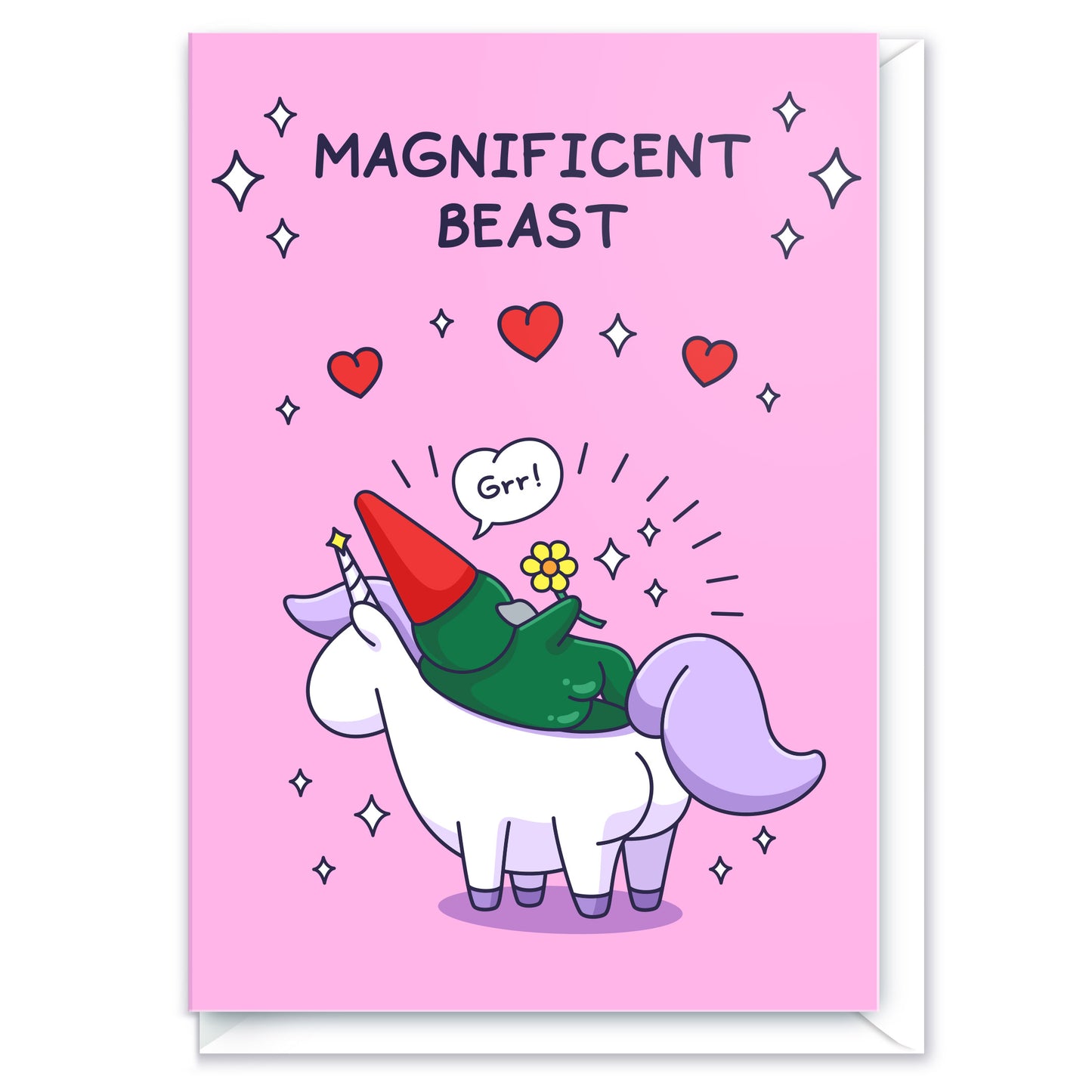 A cheeky gnome is laying on a unicorn with flowers, sparkles and hearts. This beautiful card has the caption 'Magnificent Beast'.