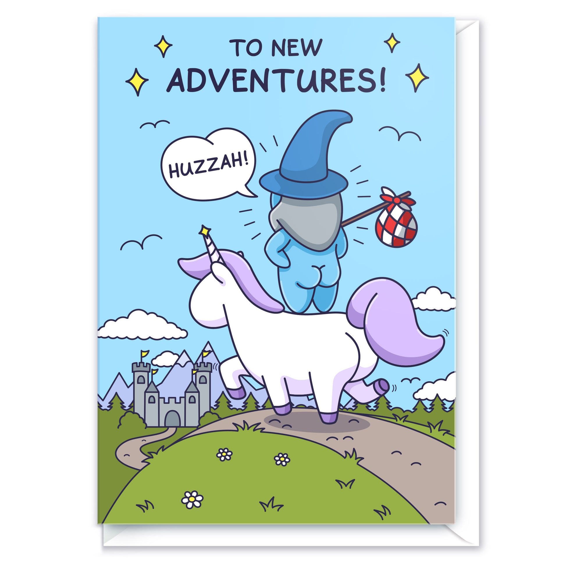 A cheeky wizard is riding a beautiful unicorn towards a castle. The caption reads 'To New Adventures'. Funny greeting card.