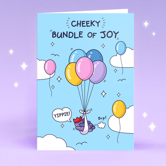 Cute Greeting Card with a baby farting surrounded by colourful balloons. There is a blue sky and fluffy clouds.