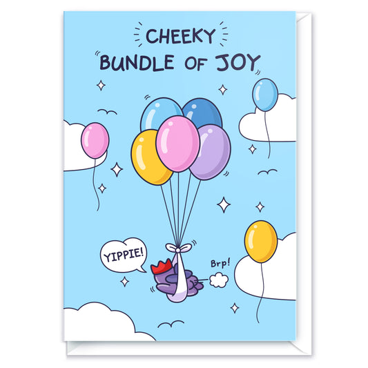 Cute Greeting Card with a baby farting surrounded by colourful balloons. There is a blue sky and fluffy clouds.
