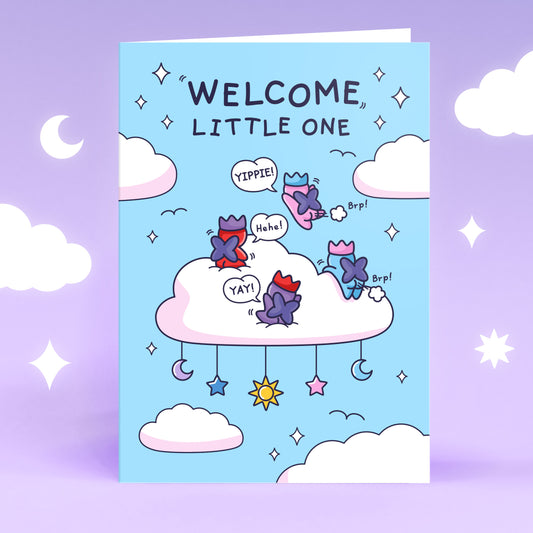 Cute New Baby card, featuring fairies on a cloud with stars, sun and moon. Text reads Welcome Little One.