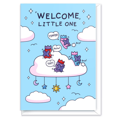 Cute New Baby card, featuring fairies on a cloud with stars, sun and moon. Text reads Welcome Little One.