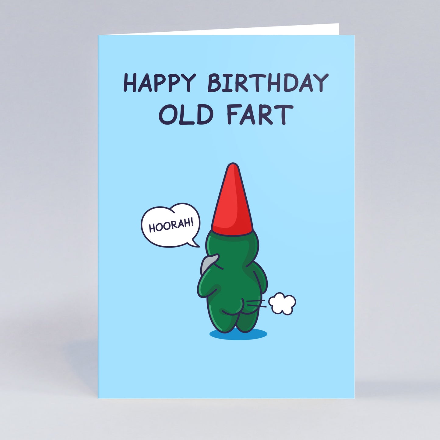 Simple Happy Birthday Old Fart card with a gnome farting and saying 'Hoorah!' Funny card for Men / Males / Him