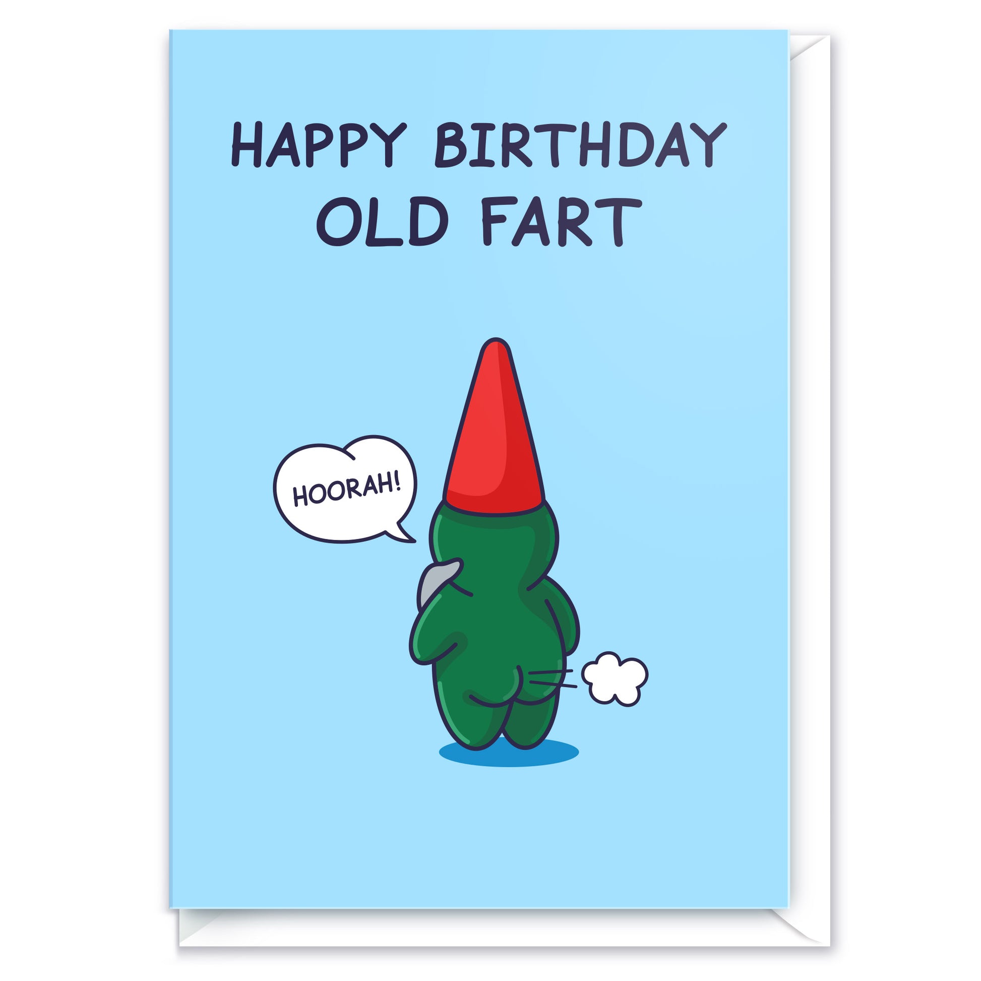 Simple Happy Birthday Old Fart card with a gnome farting and saying 'Hoorah!' Funny card for Men / Males / Him