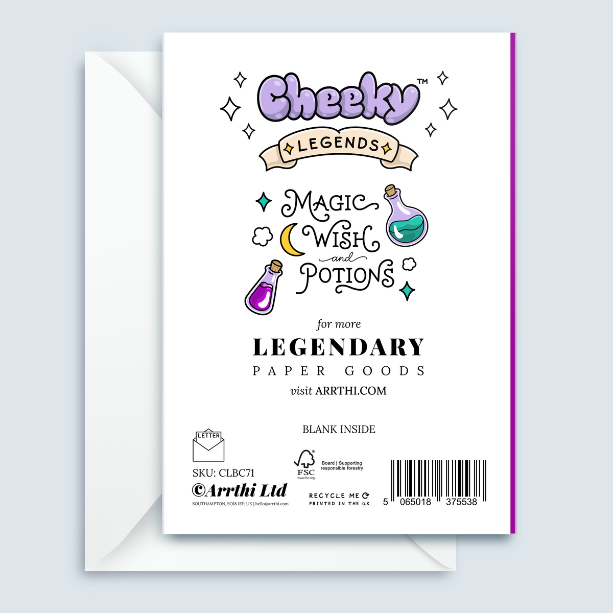 A white rectangular card or envelope insert with colorful illustrated text reading 'Cheeky Legends' and 'Magic Wish and a Potion,' shown in front of a white envelope on a light gray background. Visible branding includes 'Arthi Ltd' and 'Arthi.