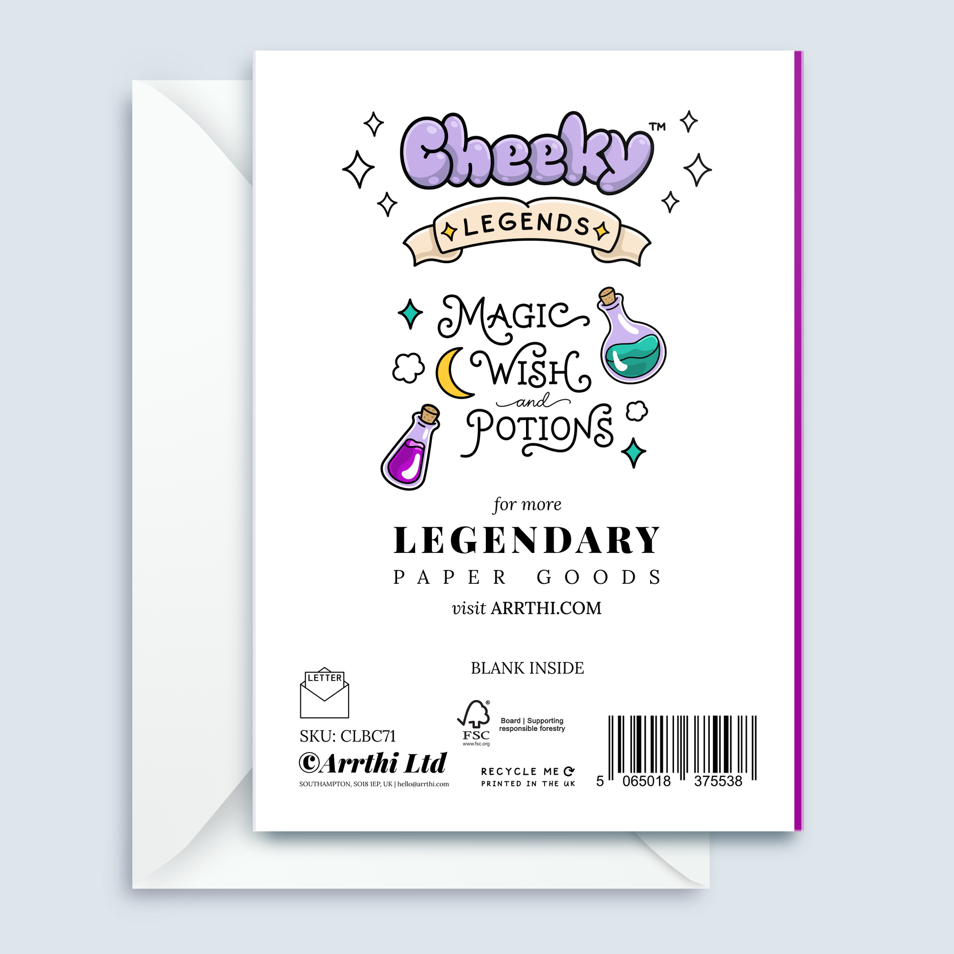 A white rectangular card or envelope insert with colorful illustrated text reading 'Cheeky Legends' and 'Magic Wish and a Potion,' shown in front of a white envelope on a light gray background. Visible branding includes 'Arthi Ltd' and 'Arthi.