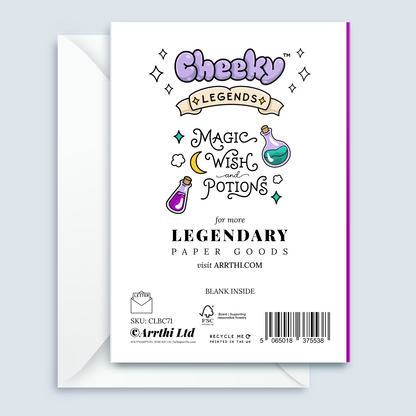 A white rectangular card or envelope insert with colorful illustrated text reading 'Cheeky Legends' and 'Magic Wish and a Potion,' shown in front of a white envelope on a light gray background. Visible branding includes 'Arthi Ltd' and 'Arthi.