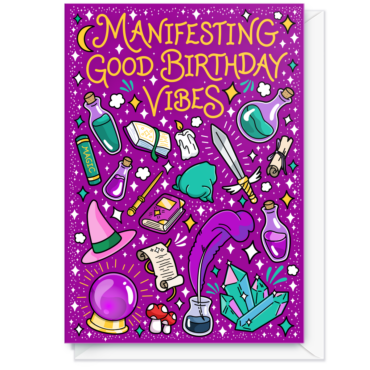 A purple greeting card with whimsical illustrated magic-themed elements and the text 'Manifesting Good Birthday Vibes' in yellow, shown with a white envelope behind it.