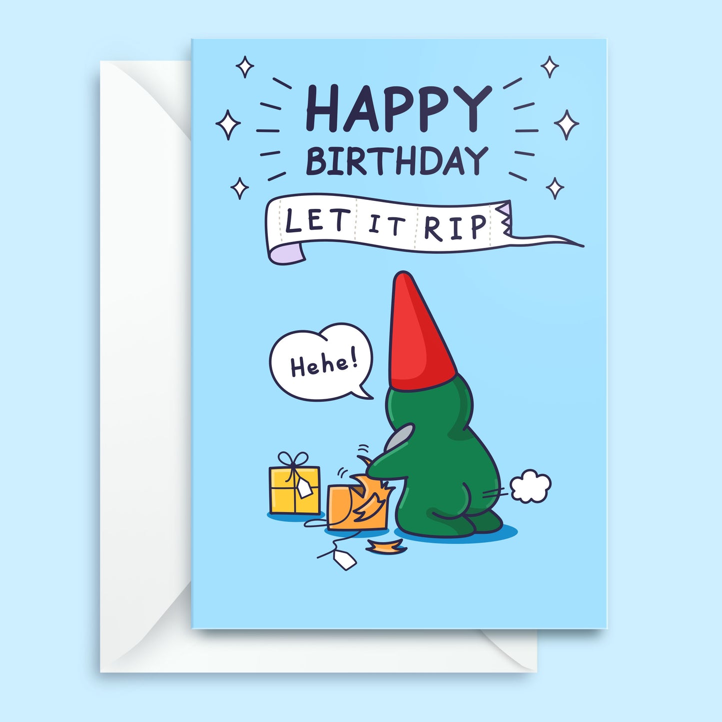 Birthday card with a cartoon character and 'Happy Birthday Let It Rip' text on a blue background