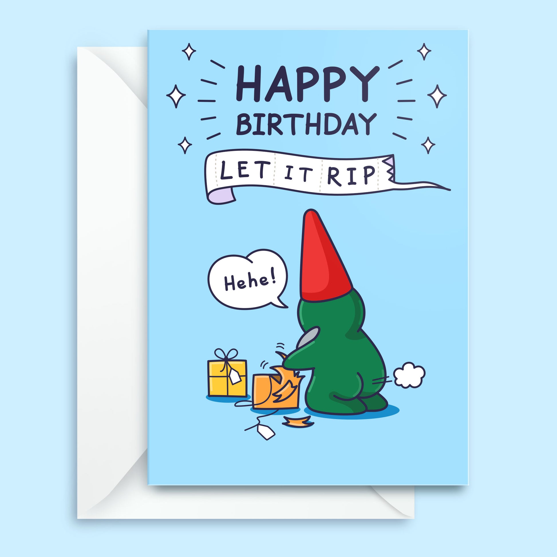Birthday card with a cartoon character and 'Happy Birthday Let It Rip' text on a blue background