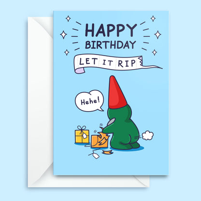 Birthday card with a cartoon character and 'Happy Birthday Let It Rip' text on a blue background