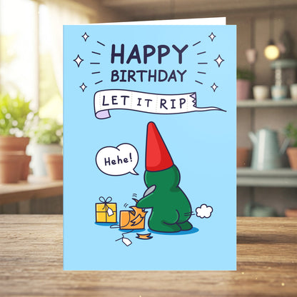Birthday card with a Cheeky Legends character and humorous text on a blue background