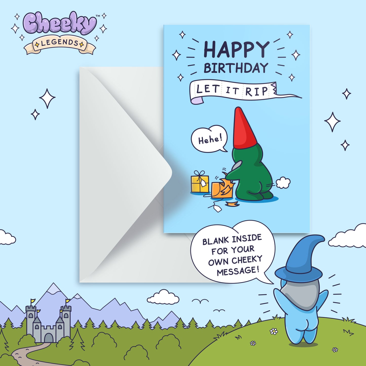 Birthday card with cartoon characters and 'Happy Birthday, Let It Rip' text on a blue background.