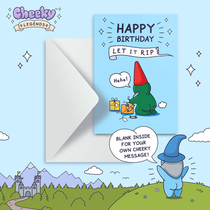 Birthday card with cartoon characters and 'Happy Birthday, Let It Rip' text on a blue background.