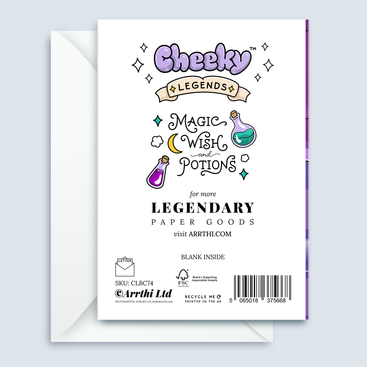 A white rectangular product card or packaging insert with colorful hand-drawn-style text and illustrations, shown in front of a white envelope on a pale blue background. Visible text includes 'Cheeky Legends', 'Magic Wish and Potions', 'for more LEGENDARY PAPER GOODS', 'visit ARRTHI.