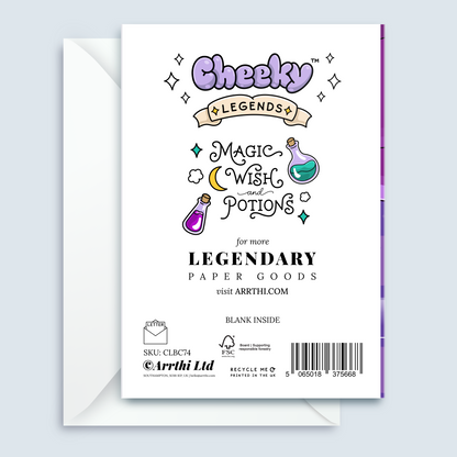 A white rectangular product card or packaging insert with colorful hand-drawn-style text and illustrations, shown in front of a white envelope on a pale blue background. Visible text includes 'Cheeky Legends', 'Magic Wish and Potions', 'for more LEGENDARY PAPER GOODS', 'visit ARRTHI.