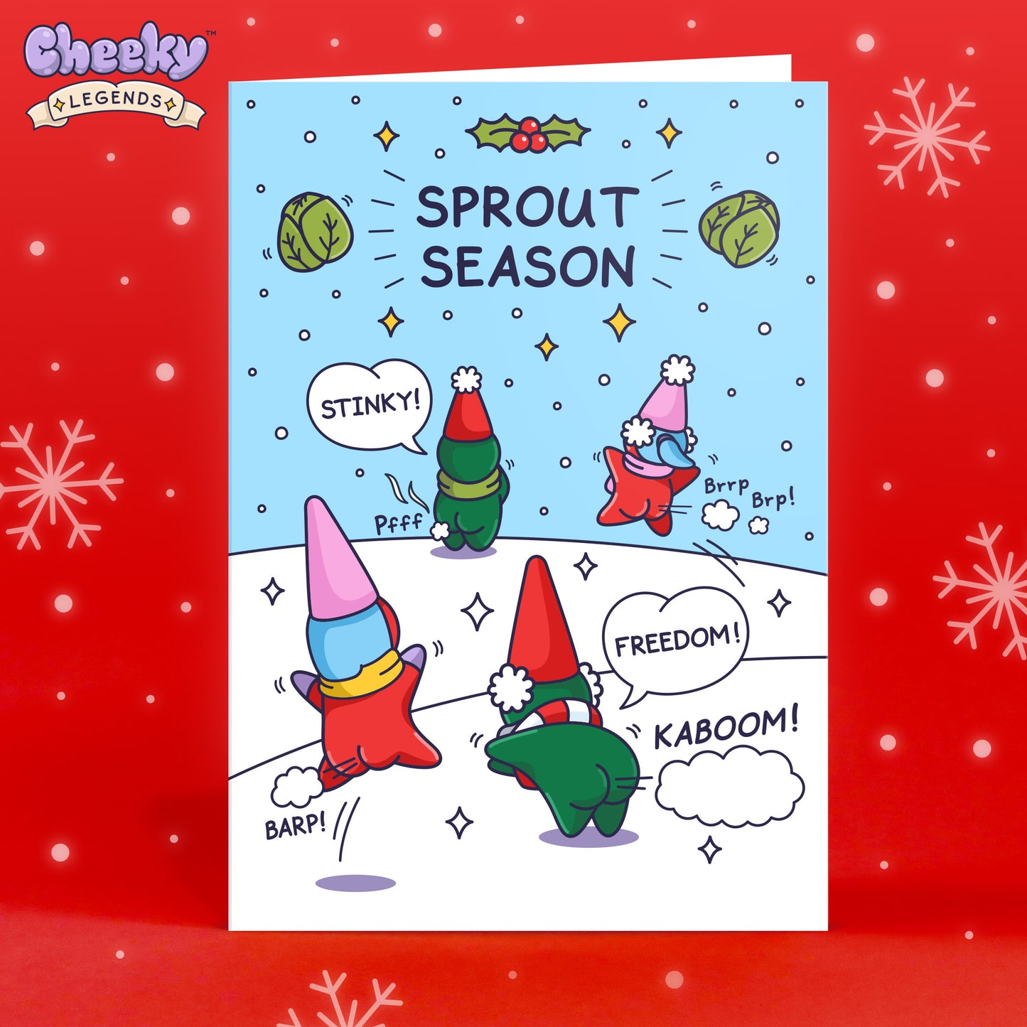 A funny Christmas card that captures the magic of Sprouts. The whole family is having fun in the snow farting!