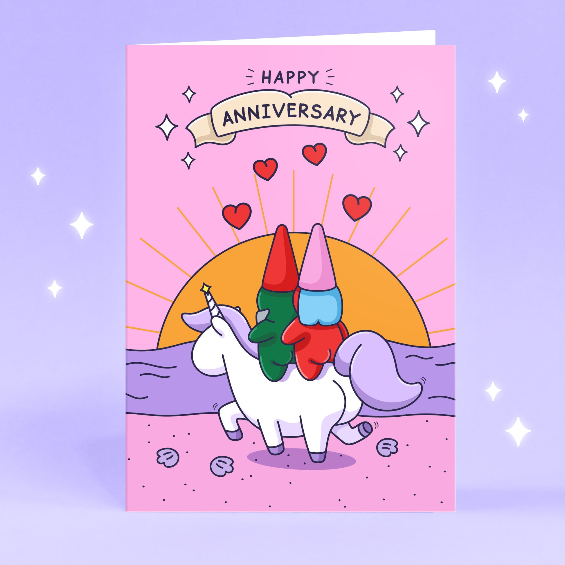 A cute gnome couple are riding on a unicorn on a beach with a beautiful sunset. Surrounding a banner with hearts and starts it reads 'Happy Anniversary'.