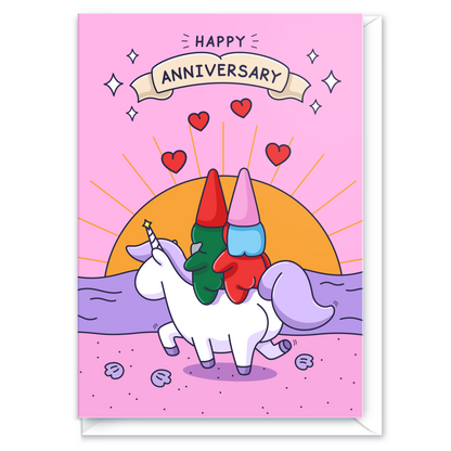 A cute gnome couple are riding on a unicorn on a beach with a beautiful sunset. Surrounding a banner with hearts and starts it reads 'Happy Anniversary'.