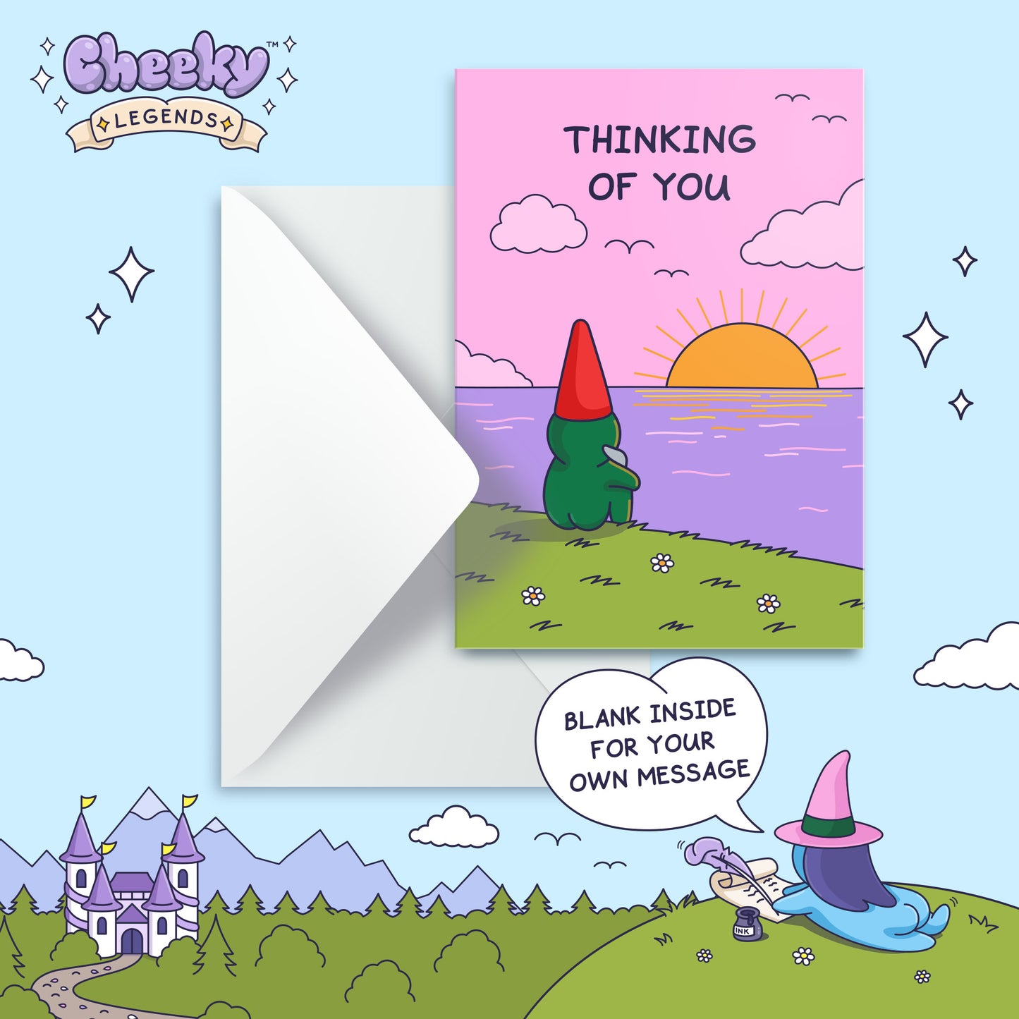 Thinking of You Card - Sunset by the Sea - Cute Gnome