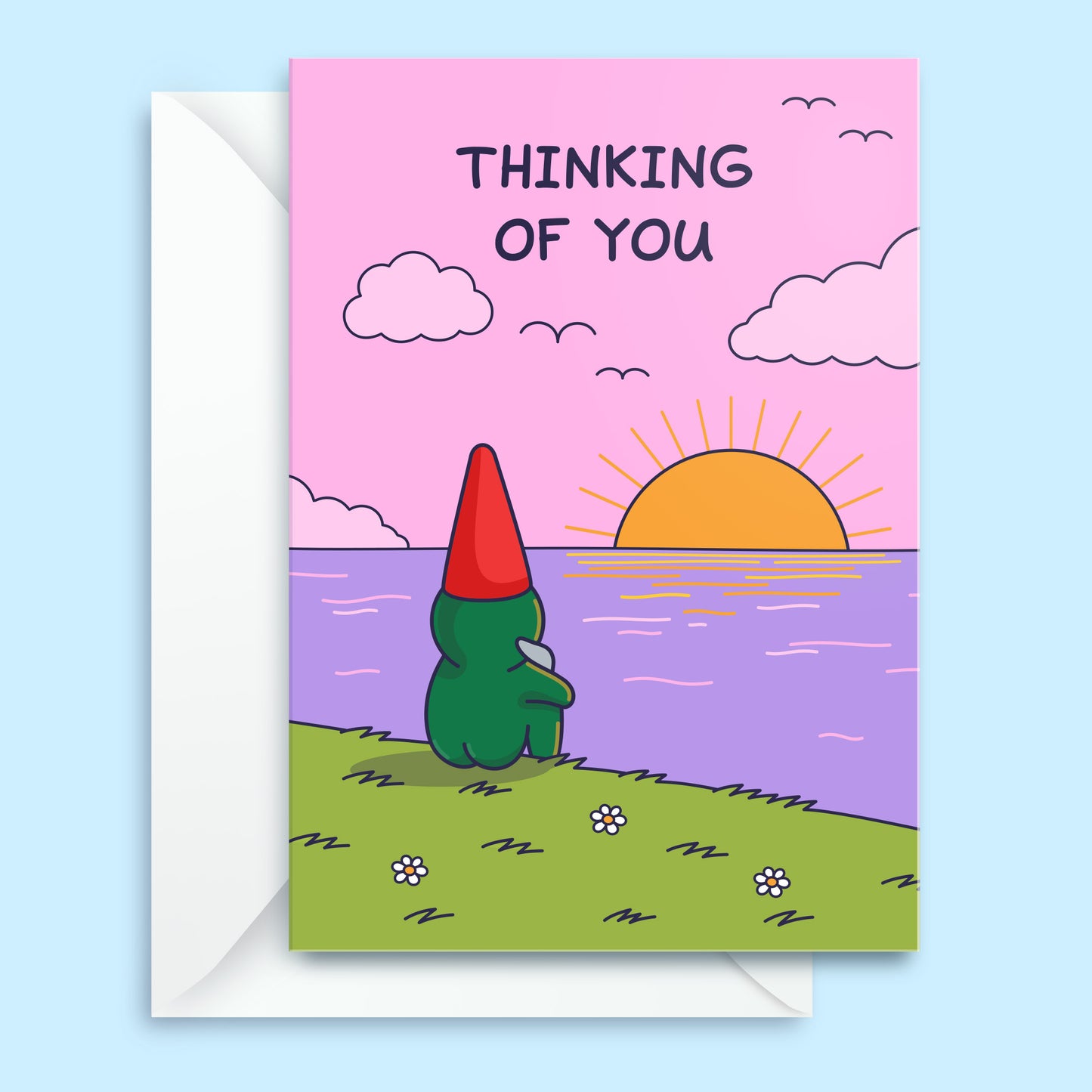 Thinking of You Card - Sunset by the Sea - Cute Gnome