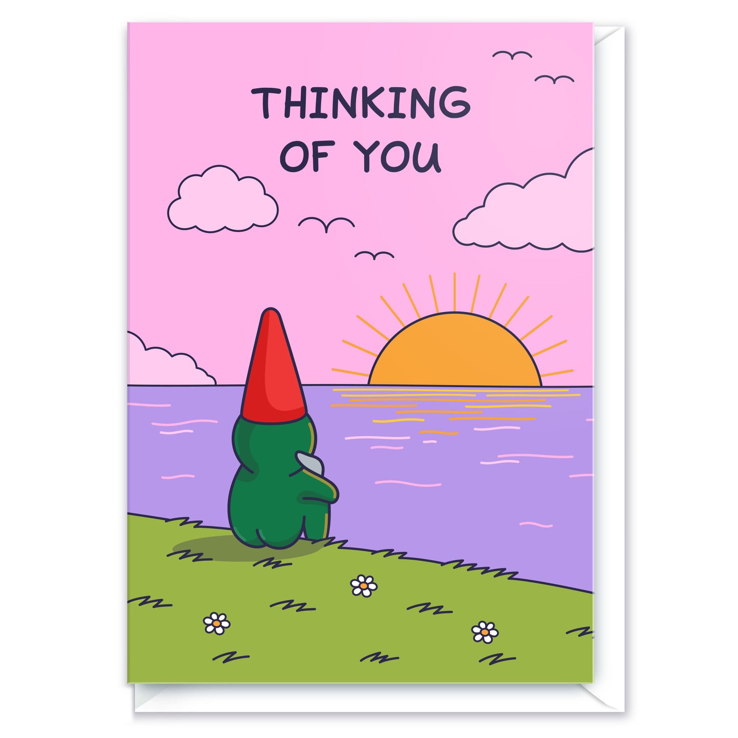 A sweet gnome is overlooking the sea with a sunset. The mood is calm and gentle breeze. The caption reads  'Thinking of You', this greeting card can be used to send someone they are thinking about them.