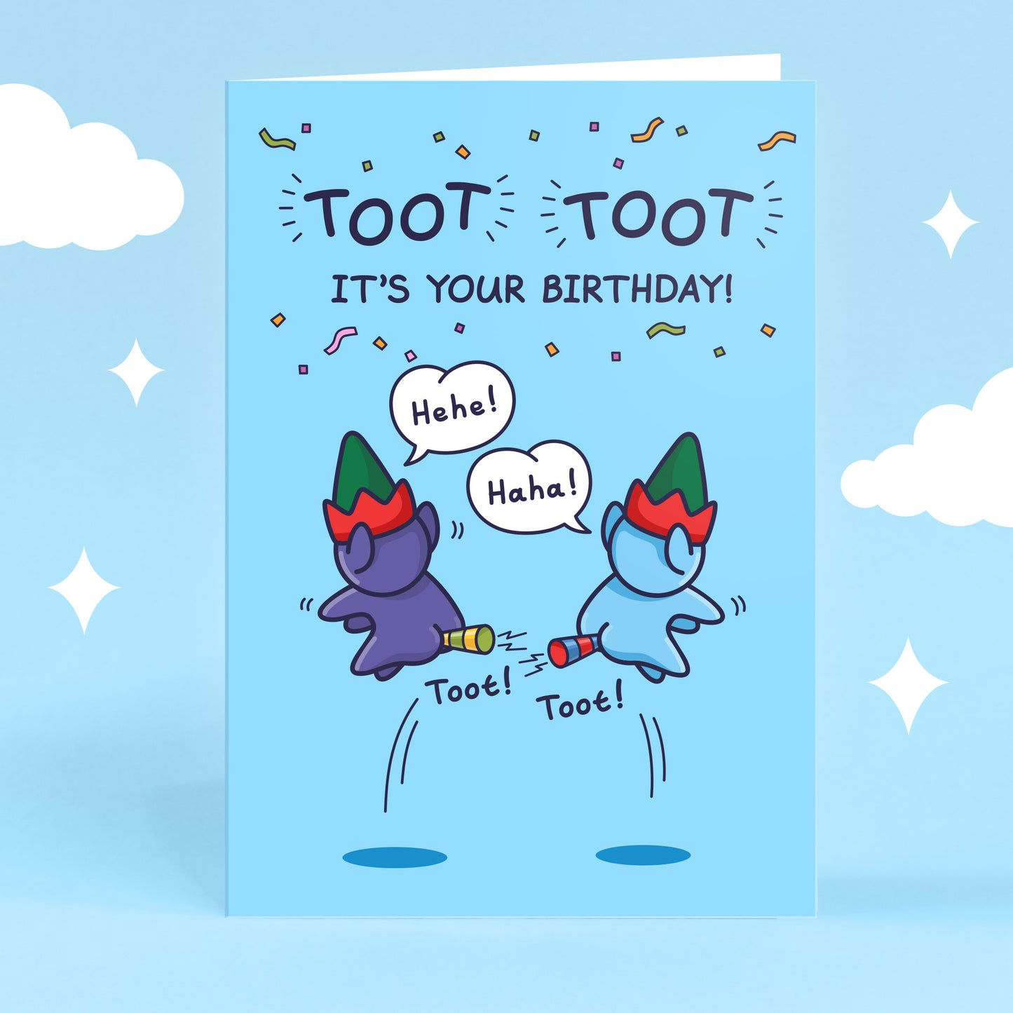 Two cheeky elves are jumping while blowing tooters with their bottoms. This funny kids greeting card has the caption 'Toot Toot, It's Your Birthday!'