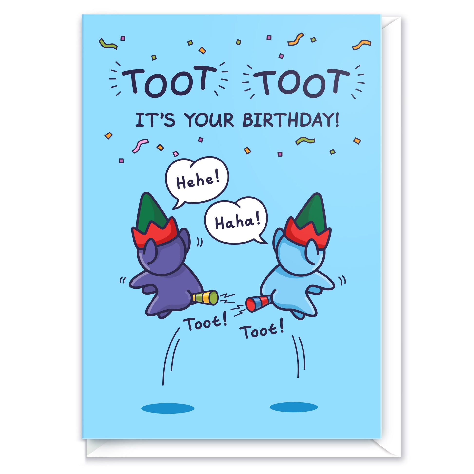 Two cheeky elves are jumping while blowing tooters with their bottoms. This funny kids greeting card has the caption 'Toot Toot, It's Your Birthday!'