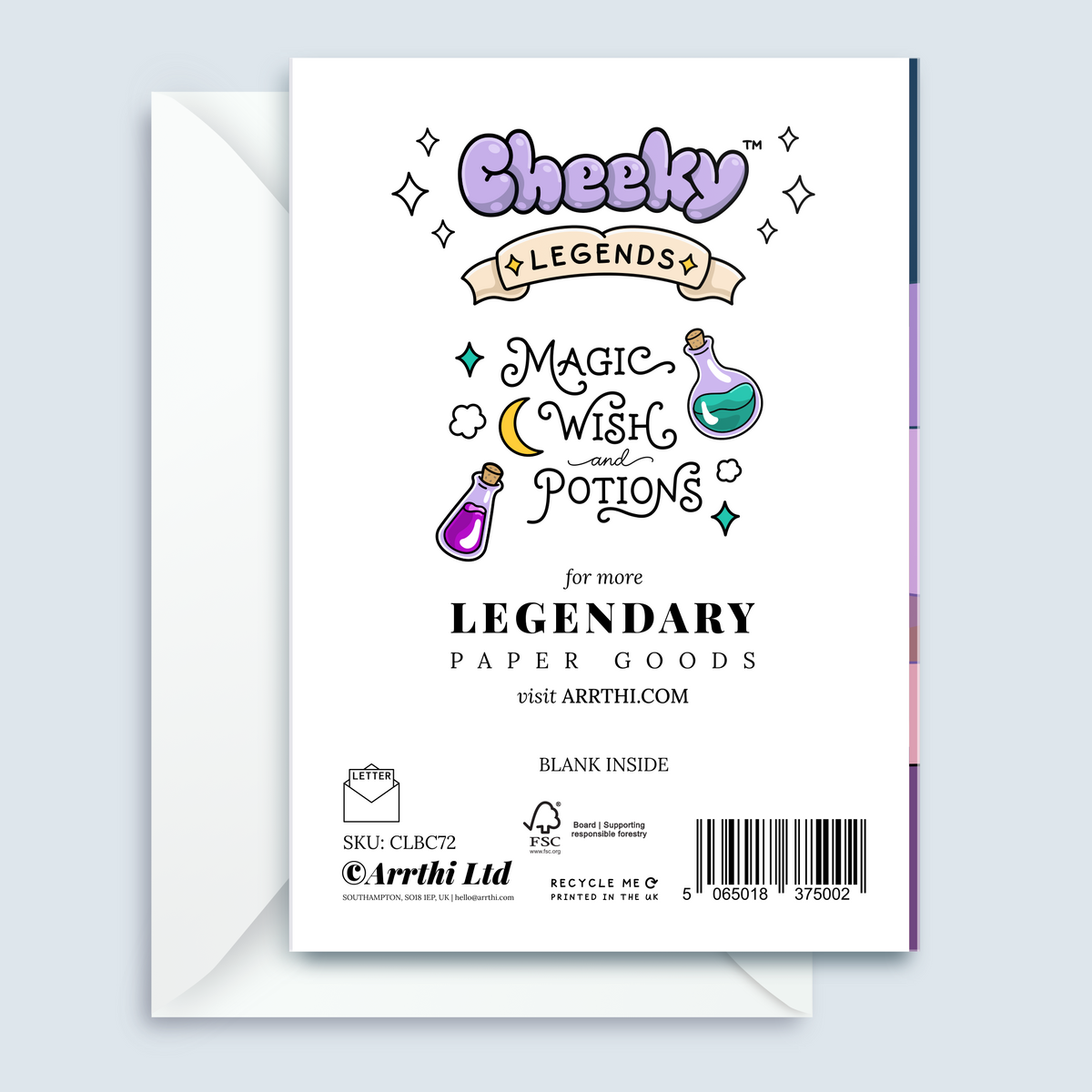 A white greeting card with whimsical hand-drawn text reading 'Cheeky Legends' and 'Magic Wish and a Potion,' shown with an open white envelope behind it on a pale blue background. The card includes branding for Arthi Ltd and product details like a barcode and 'Blank Inside.