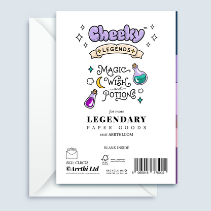 A white greeting card with whimsical hand-drawn text reading 'Cheeky Legends' and 'Magic Wish and a Potion,' shown with an open white envelope behind it on a pale blue background. The card includes branding for Arthi Ltd and product details like a barcode and 'Blank Inside.