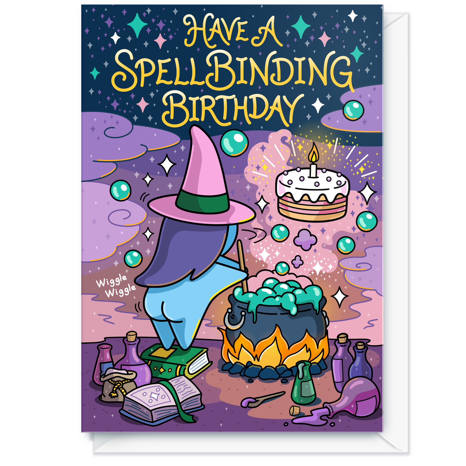 A whimsical birthday card featuring a cartoon witch in a pink hat casting a spell with a cauldron, potion bottles, an open book, and a birthday cake floating above. The card reads 'HAVE A SPELL BINDING BIRTHDAY' in yellow text against a starry purple and blue background.