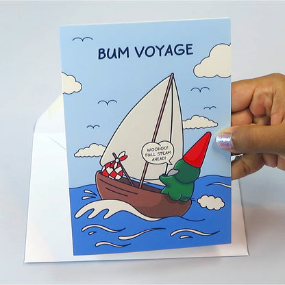 Bum Voyage - Funny Leaving Card, Retirement, Goodbye Card - Sailing Gnome